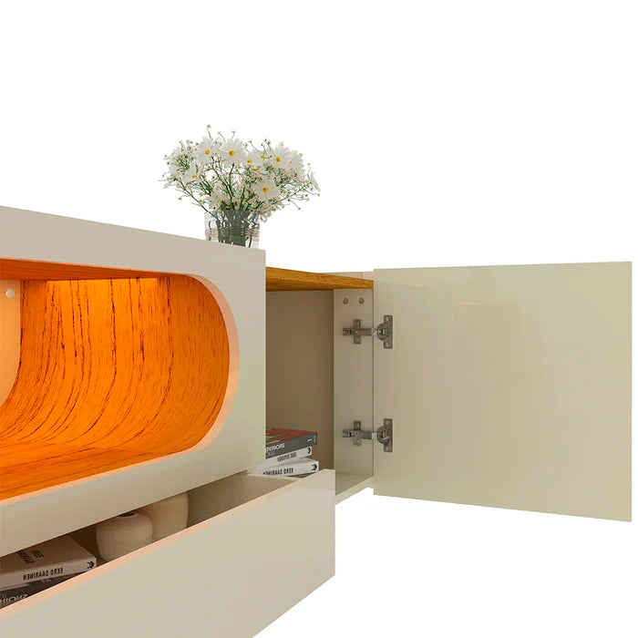 Rack Nobre 2,10 cm 75" 100% MDF - Com LED  - Pés em Vidro Off White/Naturale EN